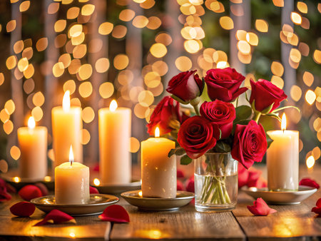 Valentine's day background with red roses, candles and bokeh lightsの素材