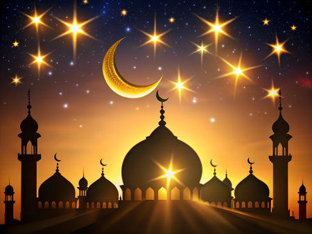 Ramadan Kareem background with mosque and moon. Vector illustration.の素材