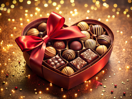 Box of assorted chocolates with red ribbon on bokeh backgroundの素材