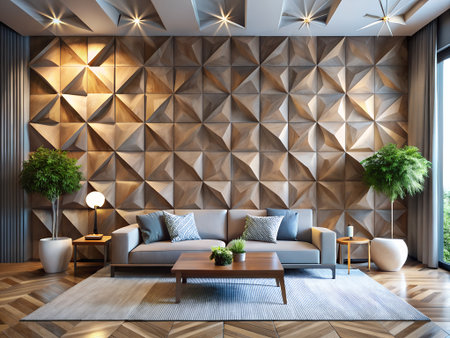 Interior of modern living room with wooden wall, 3d renderの素材