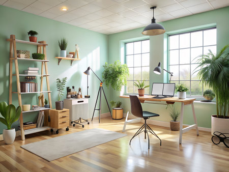 Interior of modern office with green walls, wooden floor and comfortable workplace. 3d renderの素材