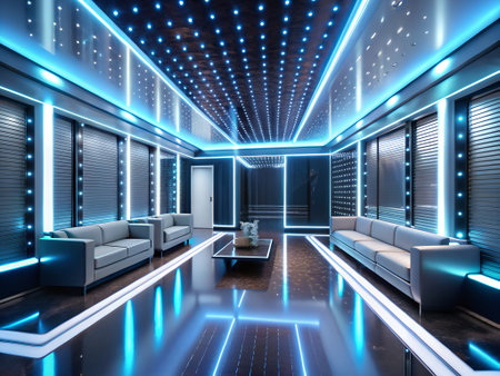 3d render interior of modern bright interiors with neon lights.の素材