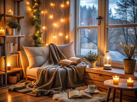 Cozy winter evening in a cozy room with a large window, a book, a cup of coffee and a warm plaid.の素材