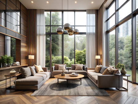 Interior of modern living room with wooden walls, wooden floor, comfortable brown sofas and coffee table. 3d renderingの素材