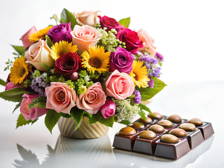 Bouquet of flowers and chocolate on a white background with reflectionの素材