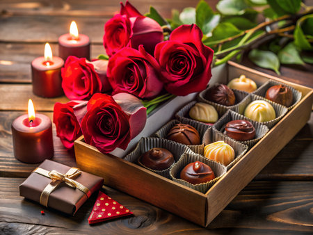 Box of assorted chocolates and red roses on a wooden backgroundの素材
