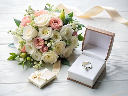 Wedding bouquet and rings on white wooden table, closeupの素材