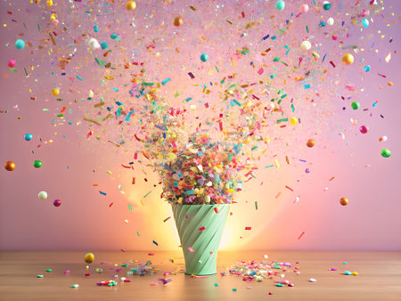 Colorful confetti in green vase on wooden table and colorful backgroundの素材