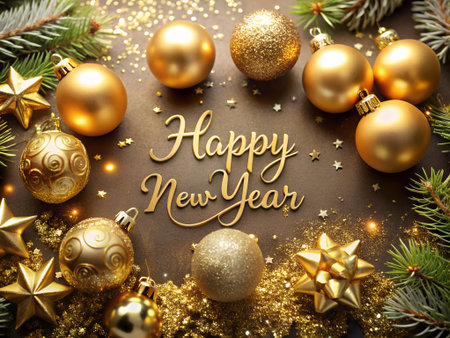 Christmas greeting card. Festive decoration on wooden background. New Year concept. Copy space.  Flat lay. Top view.の素材