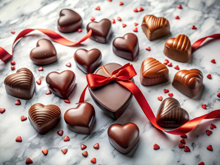 Chocolates in the shape of heart with red ribbonle backgroundの素材