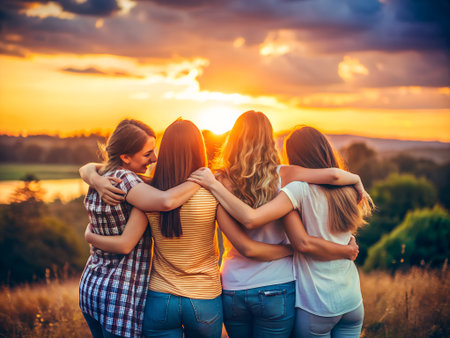 Group of young women hugging each other on the background of sunset.の素材