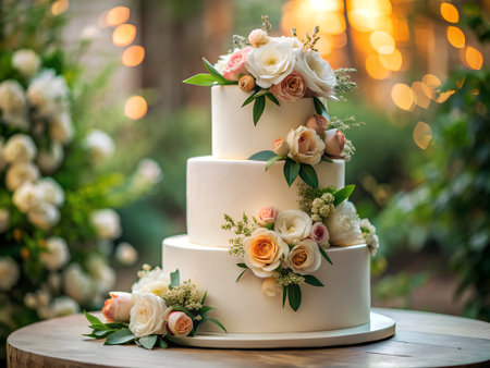 Wedding cake with flowers on a wooden table in the gardenの素材