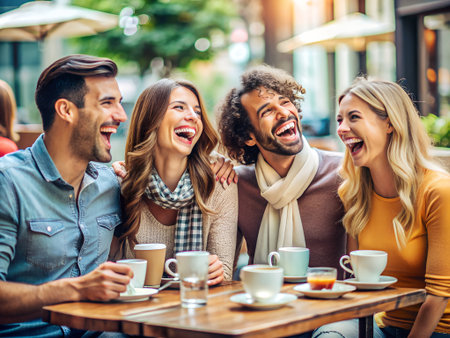 Group of friends having fun and drinking coffee in a cafe outdoors.の素材