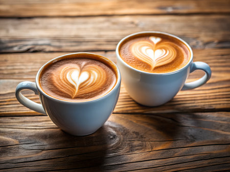 Two cups of cappuccino with latte art on wooden tableの素材