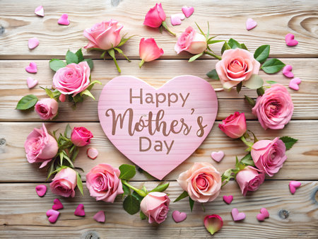 Happy Mother's Day card with pink roses and hearts on wooden backgroundの素材