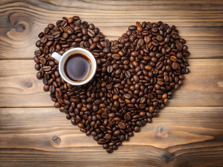 Cup of coffee and coffee beans in heart shape on wooden backgroundの素材