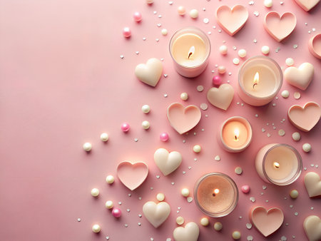 Burning candles, hearts and beads on pink background, flat layの素材