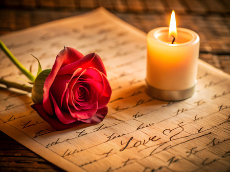 Romantic letter with a rose and a candle on wooden background.の素材