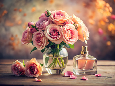 Bouquet of pink roses and perfume bottle on wooden table.の素材