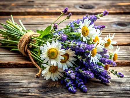 Bouquet of daisies and lavender on wooden backgroundの素材