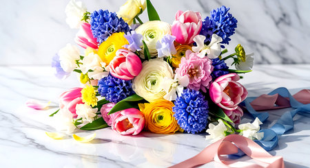 Bouquet of colorful spring flowers on a white marble background.の素材