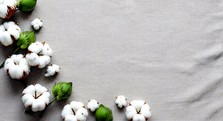 Cotton flowers on linen cloth background. Flat lay, top view.の素材