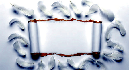 feathers and torn paper with space for text on white backgroundの素材