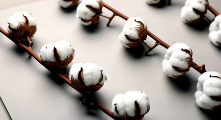 Cotton flowers in a row on a grey background. Selective focus.の素材