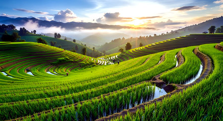 Green Terraced Rice Field in Pa Pong Pieng, Mae Chaem, Chiang Mai, Thailandの素材