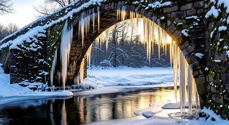 Frozen bridge in the park in winter with snow and iciclesの素材