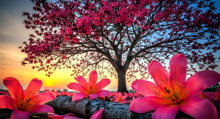 Beautiful pink sakura flowers with tree and sunset sky background.の素材