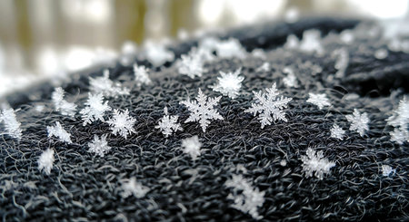 Snowflakes on a black towel close-up. Winter backgroundの素材