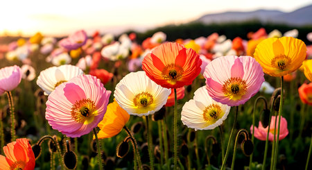 Poppy flowers in the field. Poppies blooming at sunset.の素材