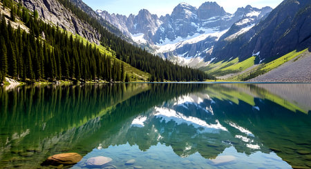 Mountain lake and reflection in the water, Canadian Rockies, Alberta, Canadaの素材