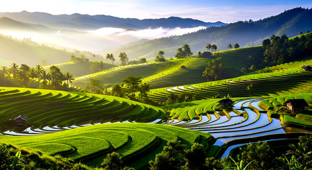 Beautiful rice terraces in the morning, Mu Cang Chai, YenBai, Vietnamの素材