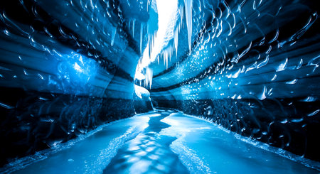 Underground tunnel with ice and snow in blue light. Abstract background.の素材