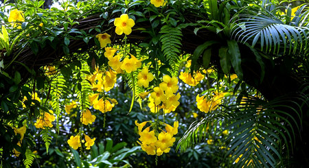 Yellow flowers and green leaves in the botanical garden of Singapore.の素材