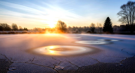 Frozen lake at sunrise. Beautiful winter landscape with frozen lake.の素材