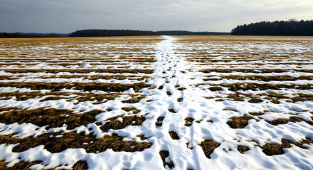 snowy plowed field in early spring, tractor tracks in the snowの素材