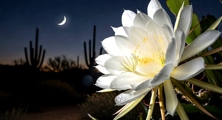 White cactus flower in the desert with cacti and moonの素材