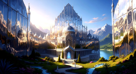 Fantasy landscape with a temple in the mountains. 3D renderingの素材