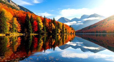 Autumn scene of colorful alpine forest reflected in mountain lake.の素材