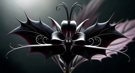 Illustration of a fantasy dragon with wings and a flower on a black backgroundの素材