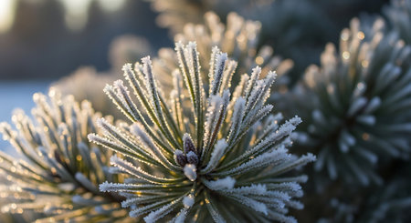 Pine branches covered with hoarfrost on a cold winter dayの素材