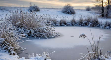 Beautiful winter landscape with frozen lake and trees in the foreground.の素材