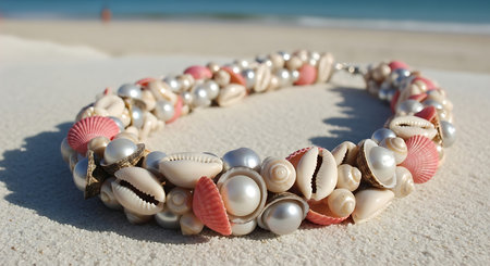 Beautiful bracelet made of seashells on the sandy beach.の素材