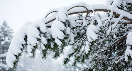 Pine branches covered with snow in the winter forest. Winter landscape.の素材
