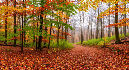 Path in the autumn forest with colorful trees and fallen leaves. Nature backgroundの素材