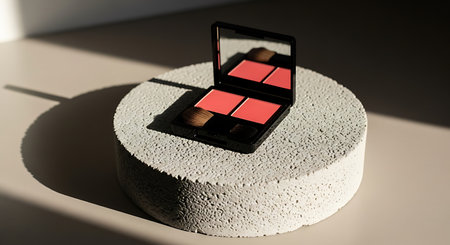 Makeup palettes with shadows on white stone podium in sunlight.の素材