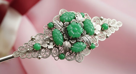 Jewelry ring with green emeralds, close-upの素材